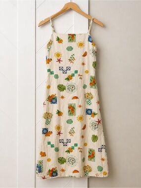 Japna Linen Blend Fruit Shell Floral Print Midi Dress Small